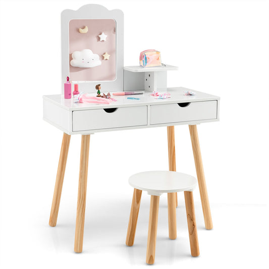 Kids Vanity Table and Stool Set with a square mirror and two drawers