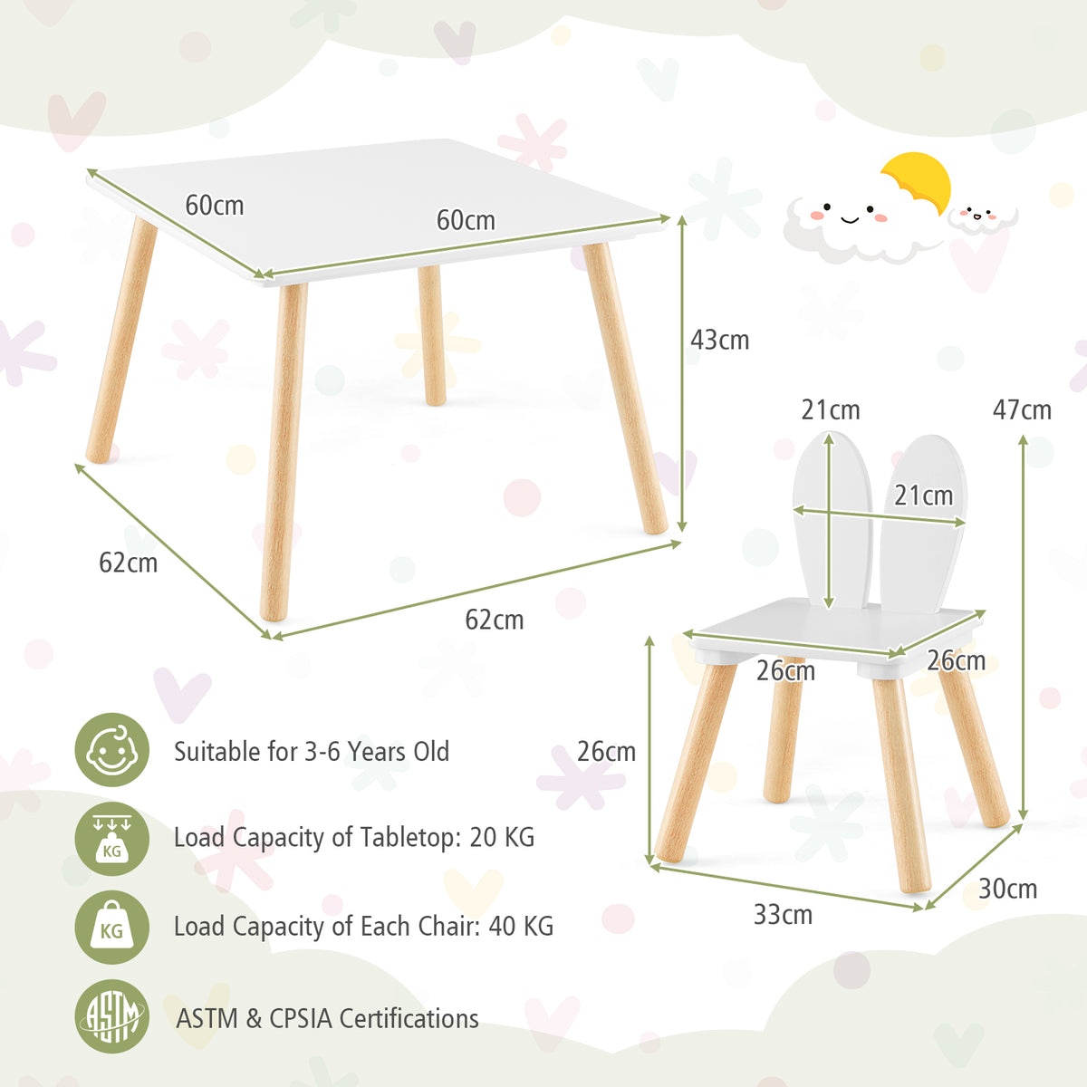 Kids Wooden Table and Rabbit Chairs Set with Space-Saving Structure-White