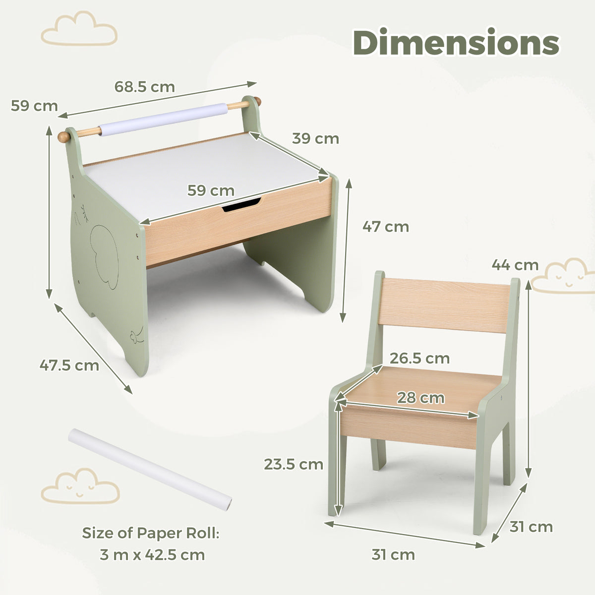 Kids Art Table and Chair Set with Paper Roll for Drawing-Green