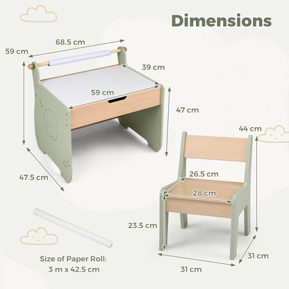 Kids Art Table and Chair Set with Paper Roll for Drawing-Green
