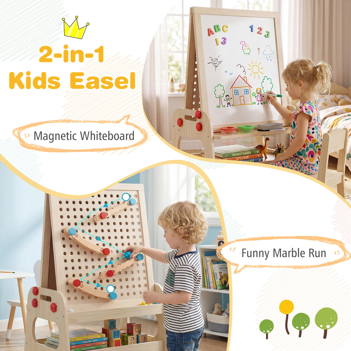 2-in-1 Wooden Easel for Kids with Magnetic Whiteboard and Marble Run Game-Natrual