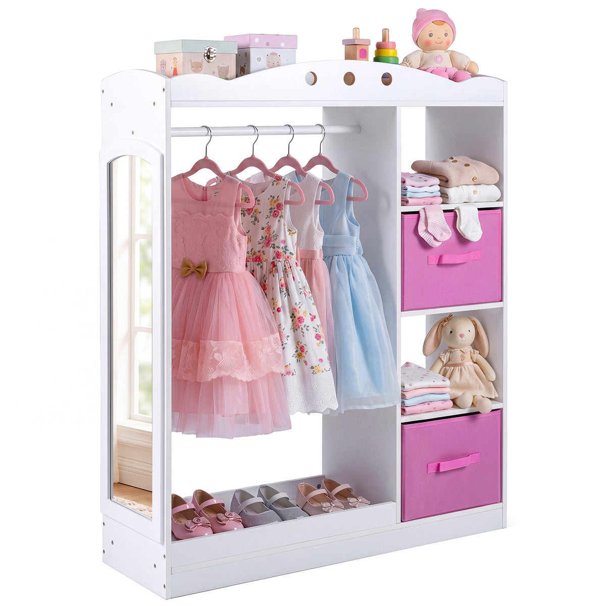 Kids Dress Up Storage with Full Length Mirror and Open Shelves-White