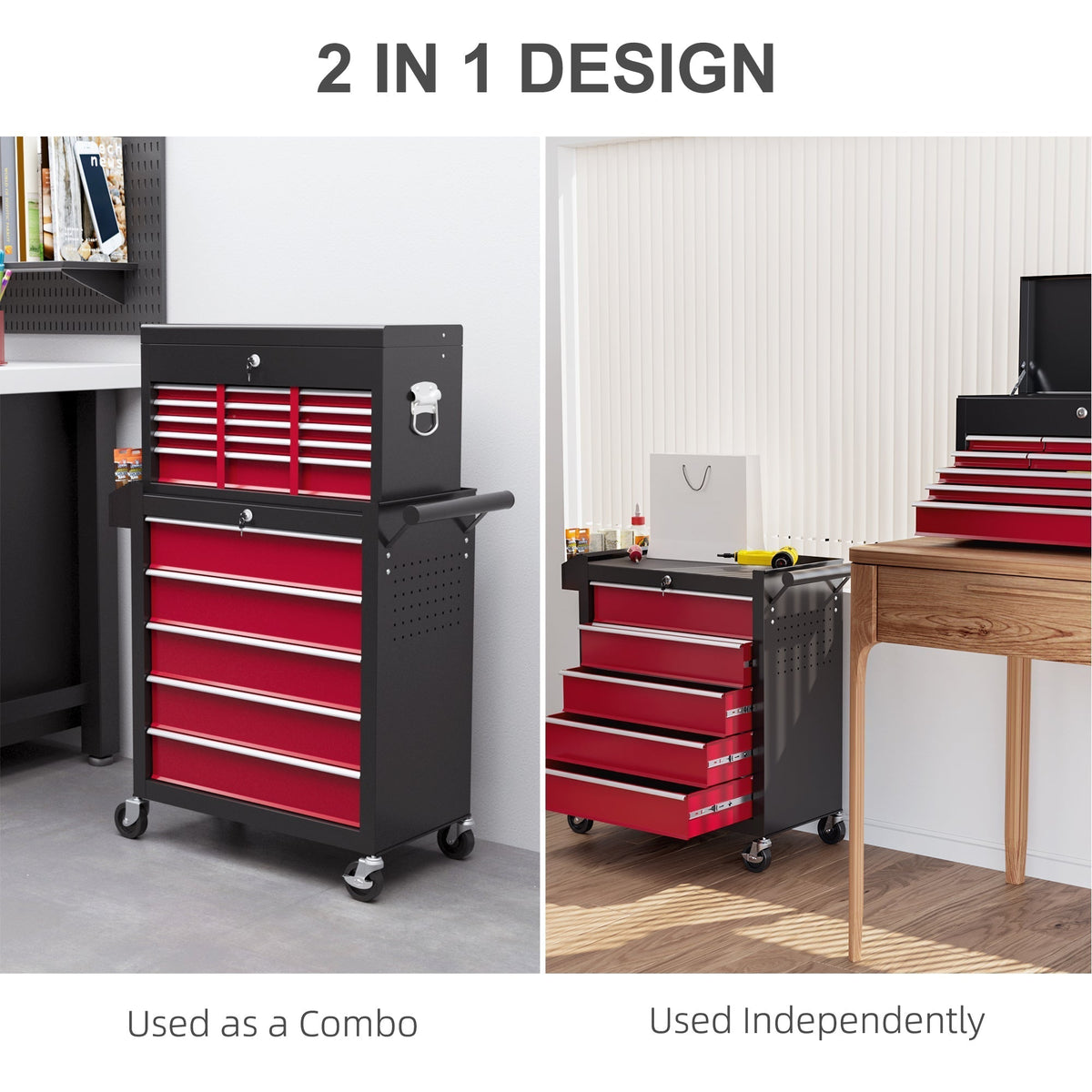 HOMCOM 14 Drawer, Two-Part Tool Storage Chest on Wheels - Red