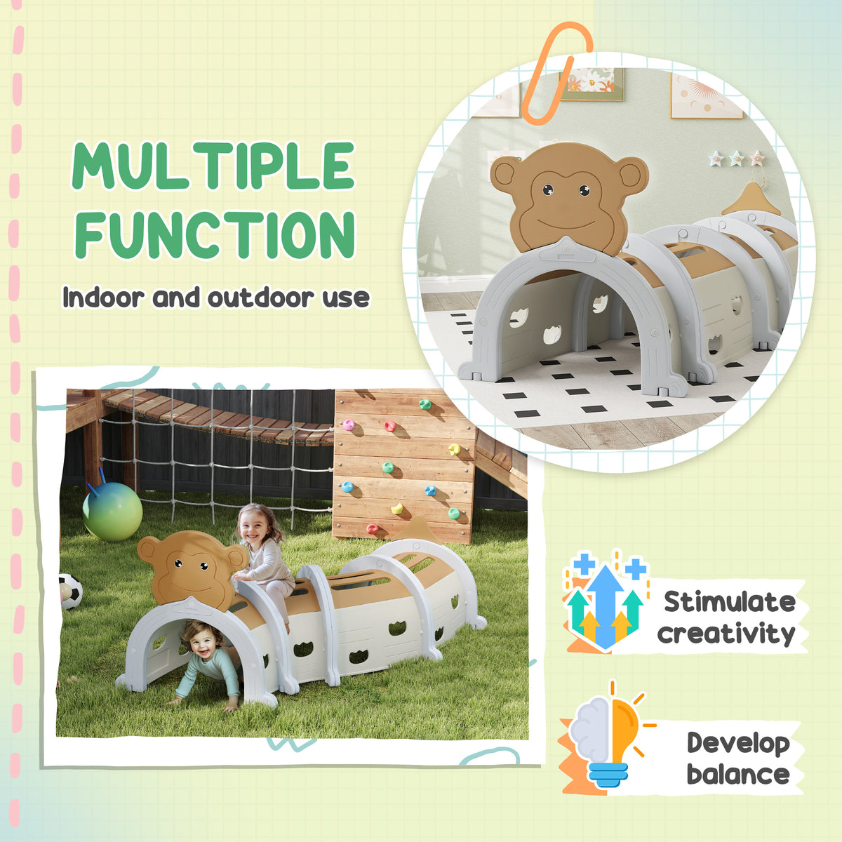 AIYAPLAY Monkey-Design Kids Play Tunnel for Crawling in Brown