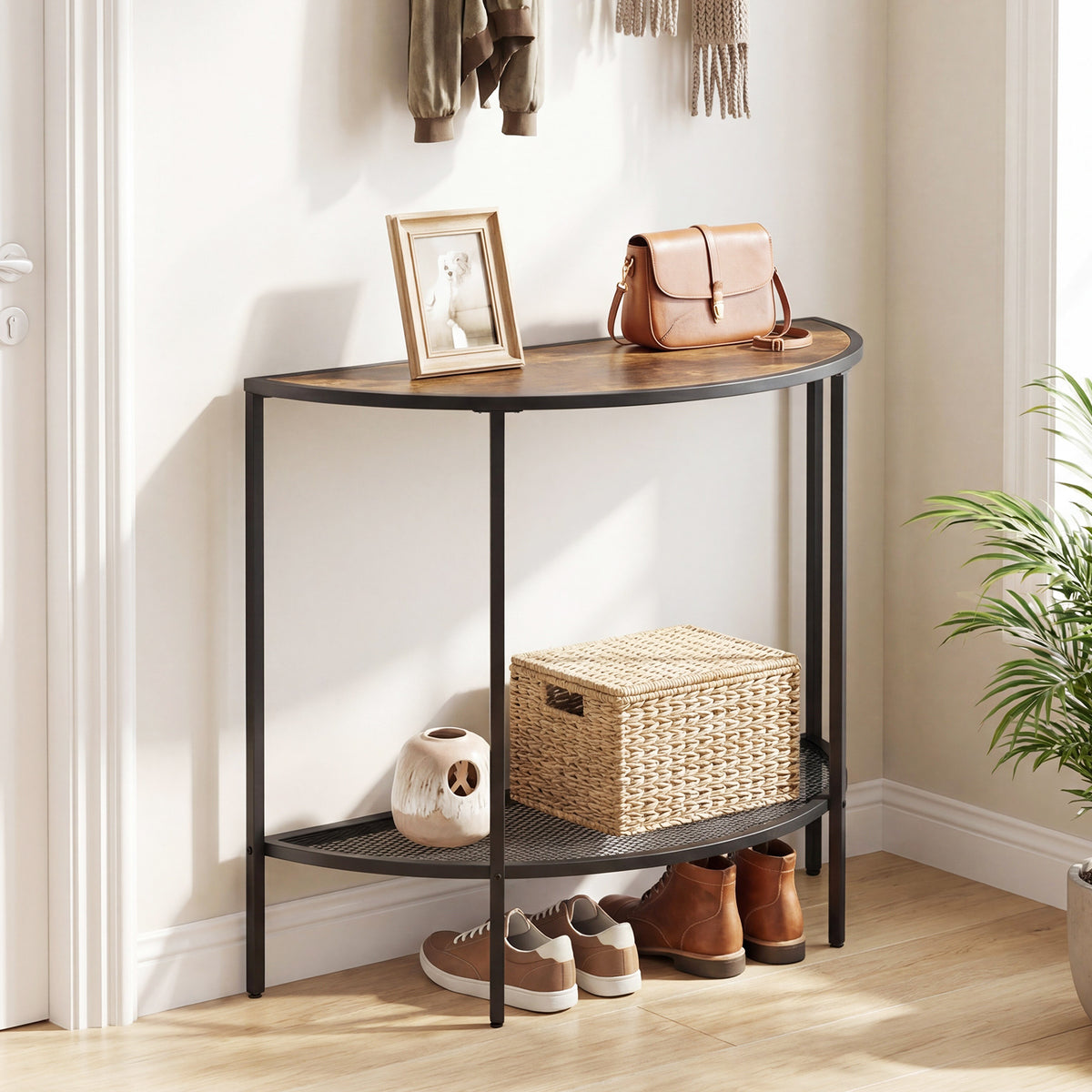 Half Moon Console Table 2-Tier Narrow Entryway Table with Storage Shelf-Rustic Brown