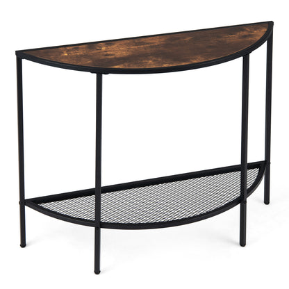 Half Moon Console Table 2-Tier Narrow Entryway Table with Storage Shelf-Rustic Brown