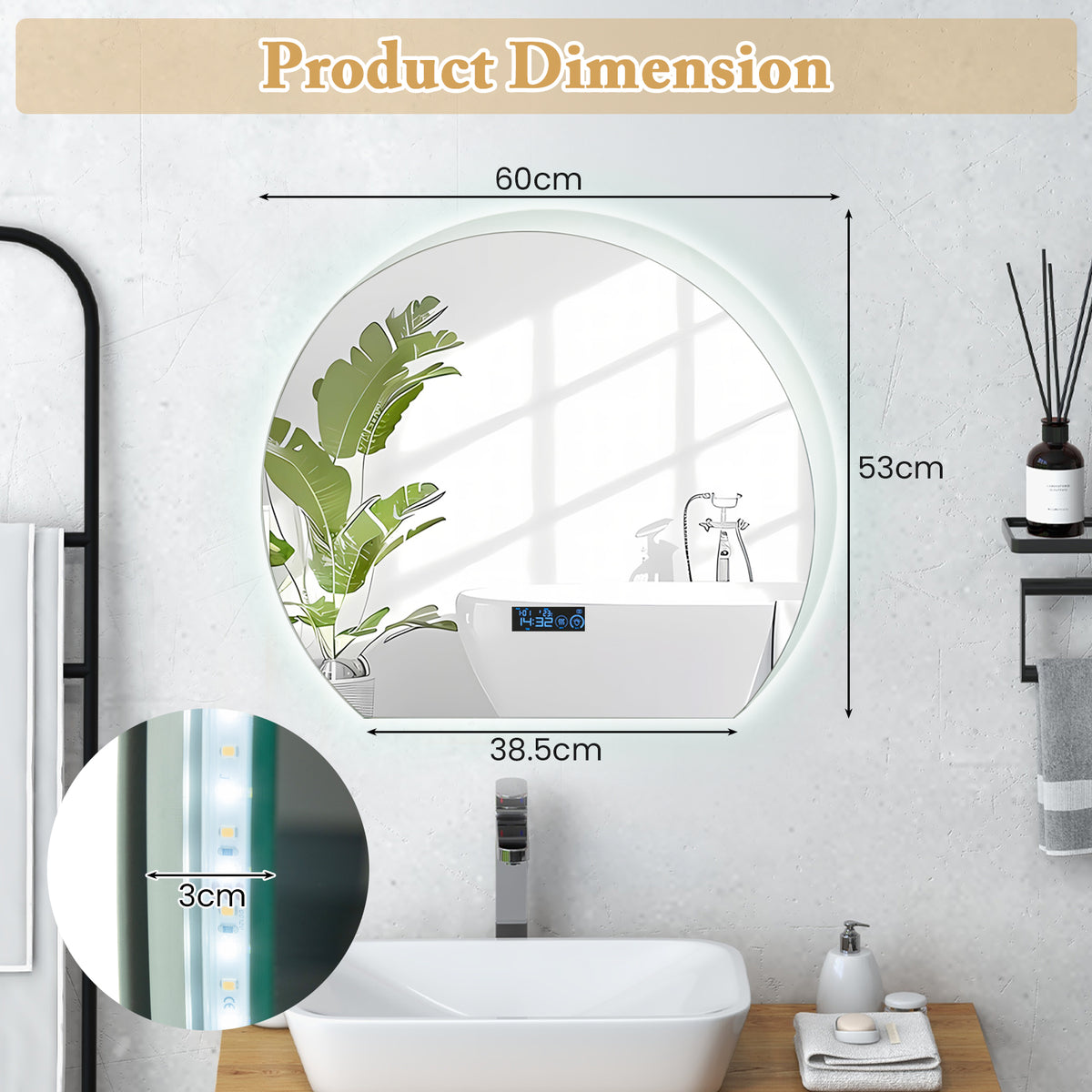 Half Circle LED Bathroom Mirror with Touch Switch and 3-Color Lights
