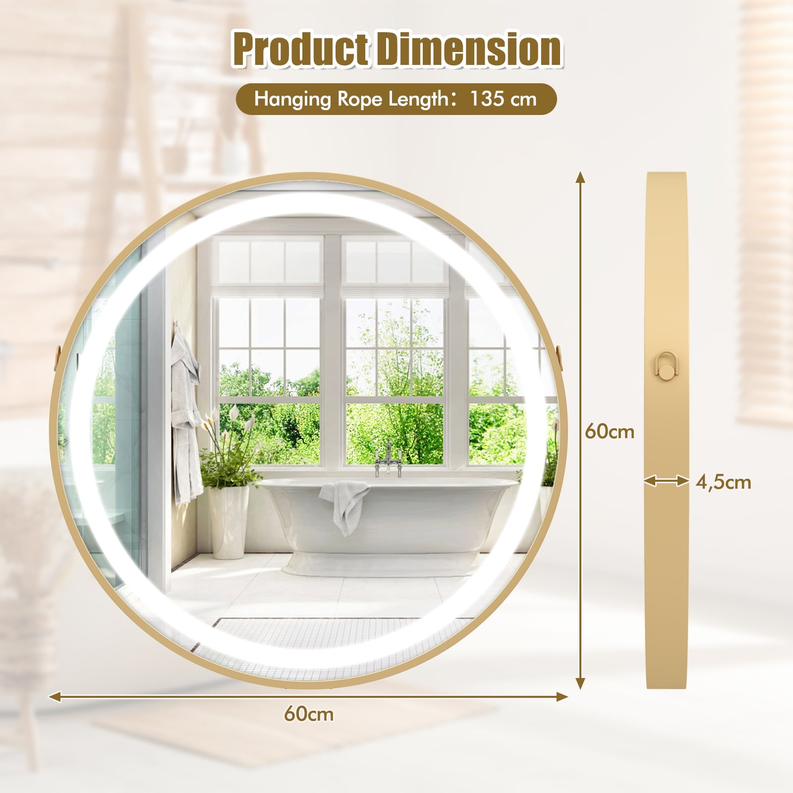Hanging Wall Bathroom Mirror with Hanging Strap and 3 Colors LED Light-Silver