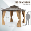 290 x 290 cm Hardtop Gazebo with Netting and Curtain and Double-Roof Metal Top-Coffee
