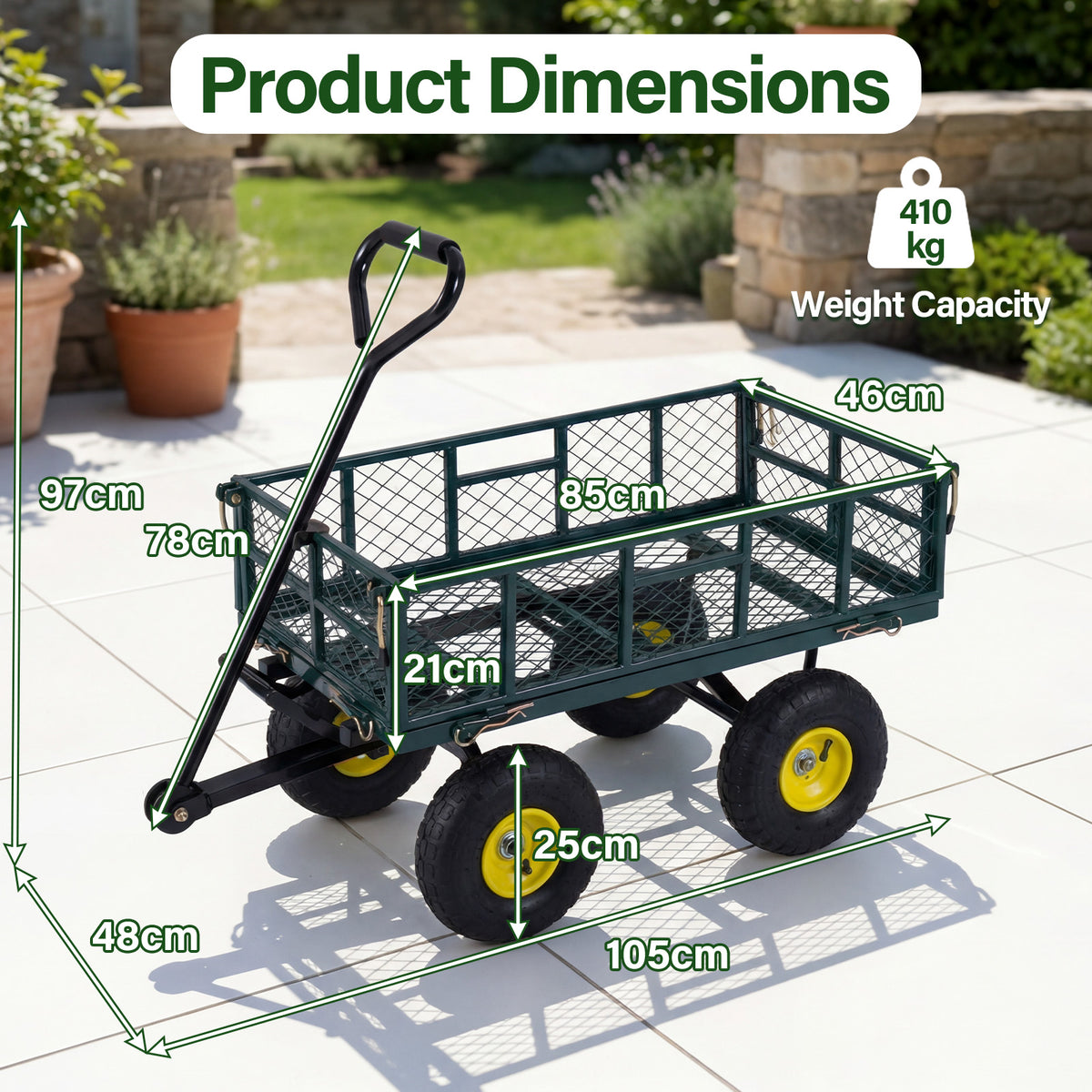 Heavy Duty 410 kg Capacity Metal Garden Cart with Storage Bag-Green