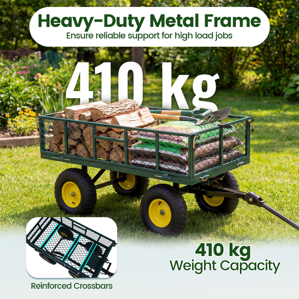 Heavy Duty 410 kg Capacity Metal Garden Cart with Storage Bag-Green