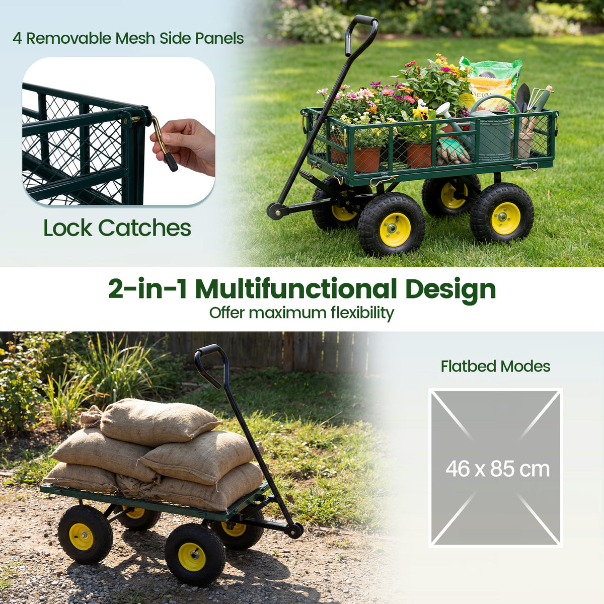 Heavy Duty 410 kg Capacity Metal Garden Cart with Storage Bag-Green