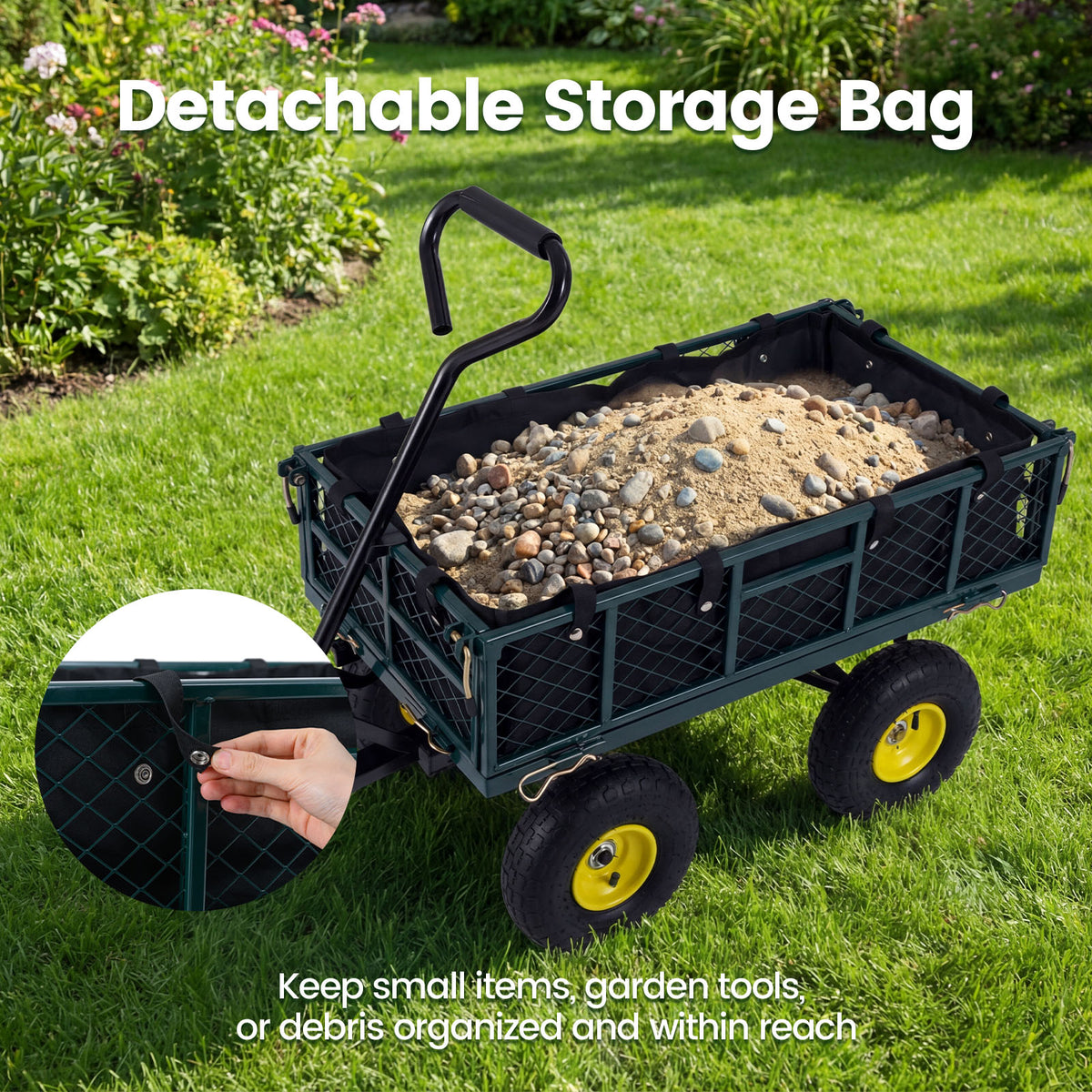 Heavy Duty 410 kg Capacity Metal Garden Cart with Storage Bag-Green