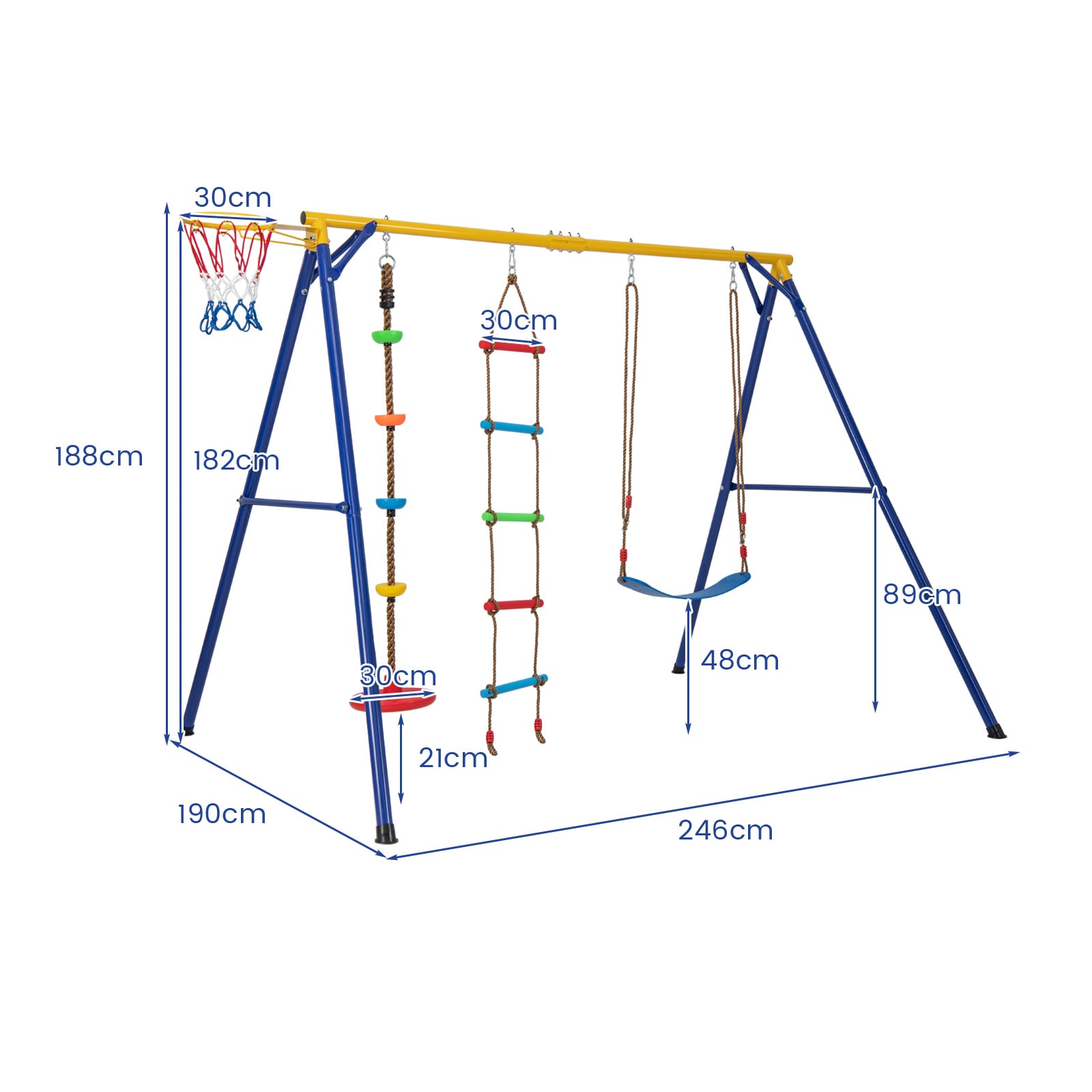 4-in-1 Heavy Duty Swing Set with 1 Basketball Hoop and 1 Adjustable Belt Swing-Blue & Yellow