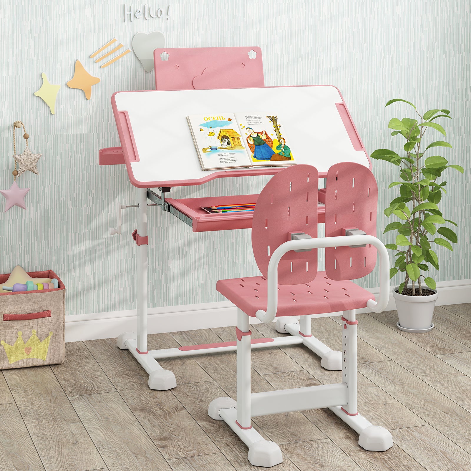 Height-Adjustable Kid's Study Desk and Chair Set with Tilt Desktop and Footrest Bar-Pink