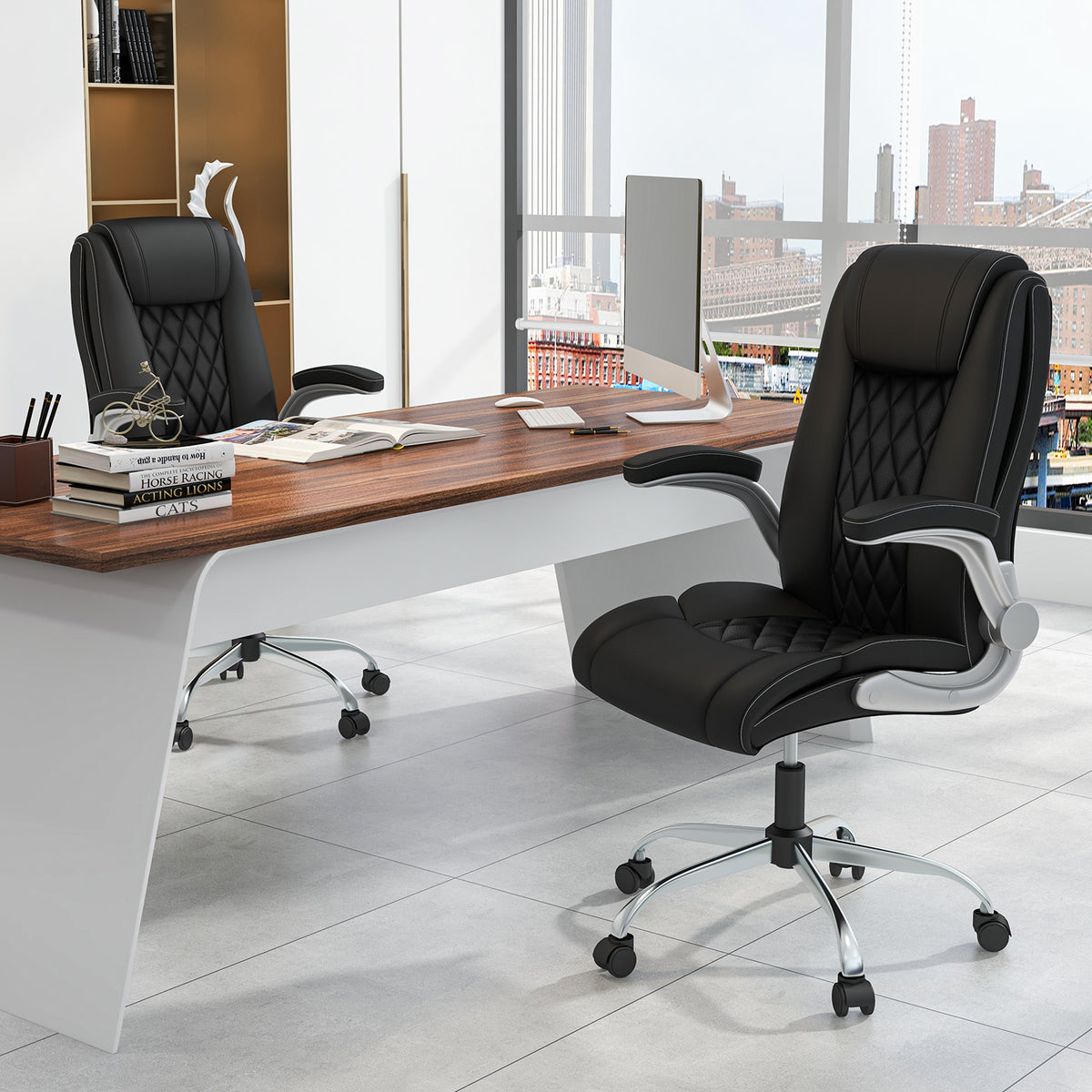 Height Adjustable PU Leather Office Chair with 6-level Headrest-Black