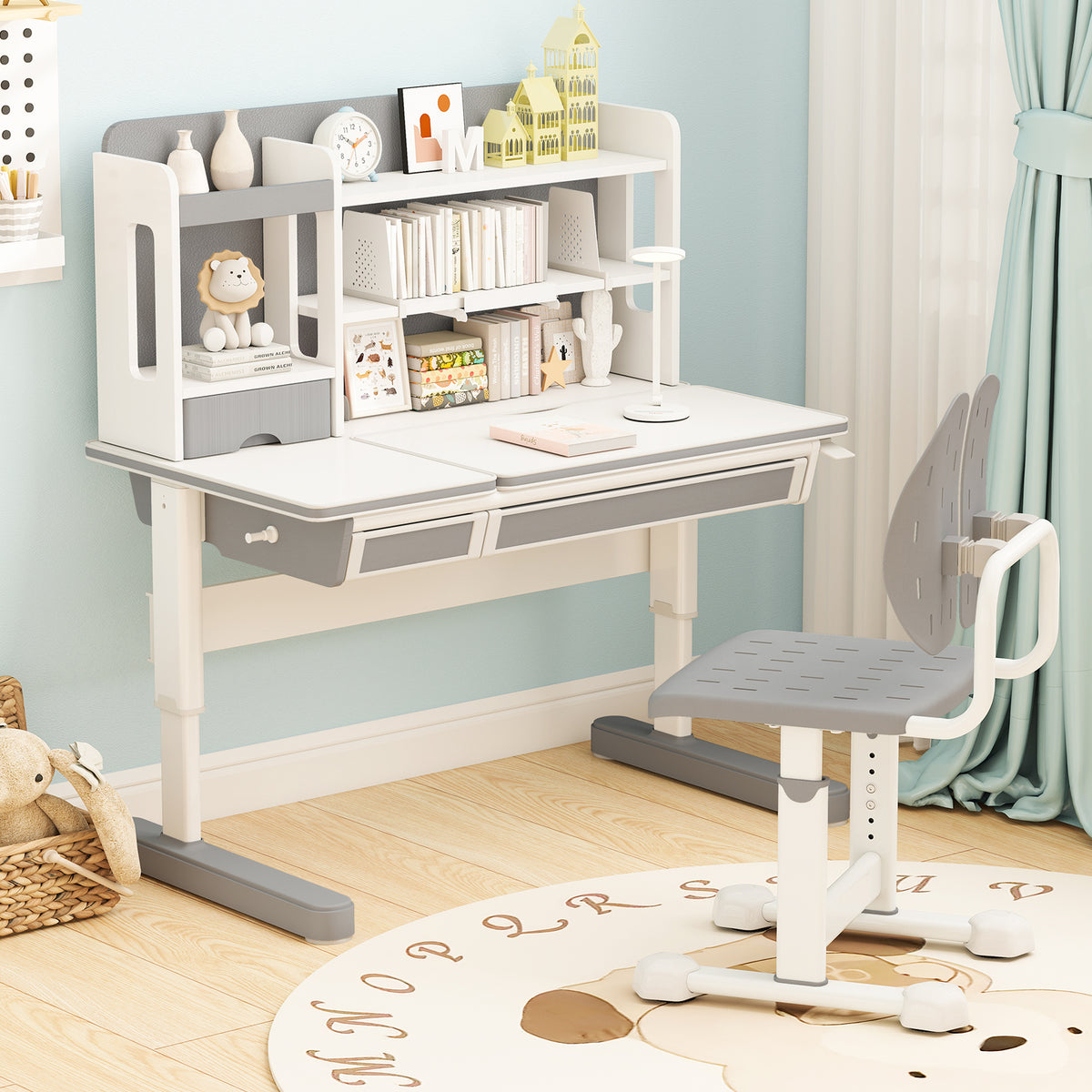 Height-adjustable Kid's Desk Chair with Double Back Support and Breathable Seat-Grey