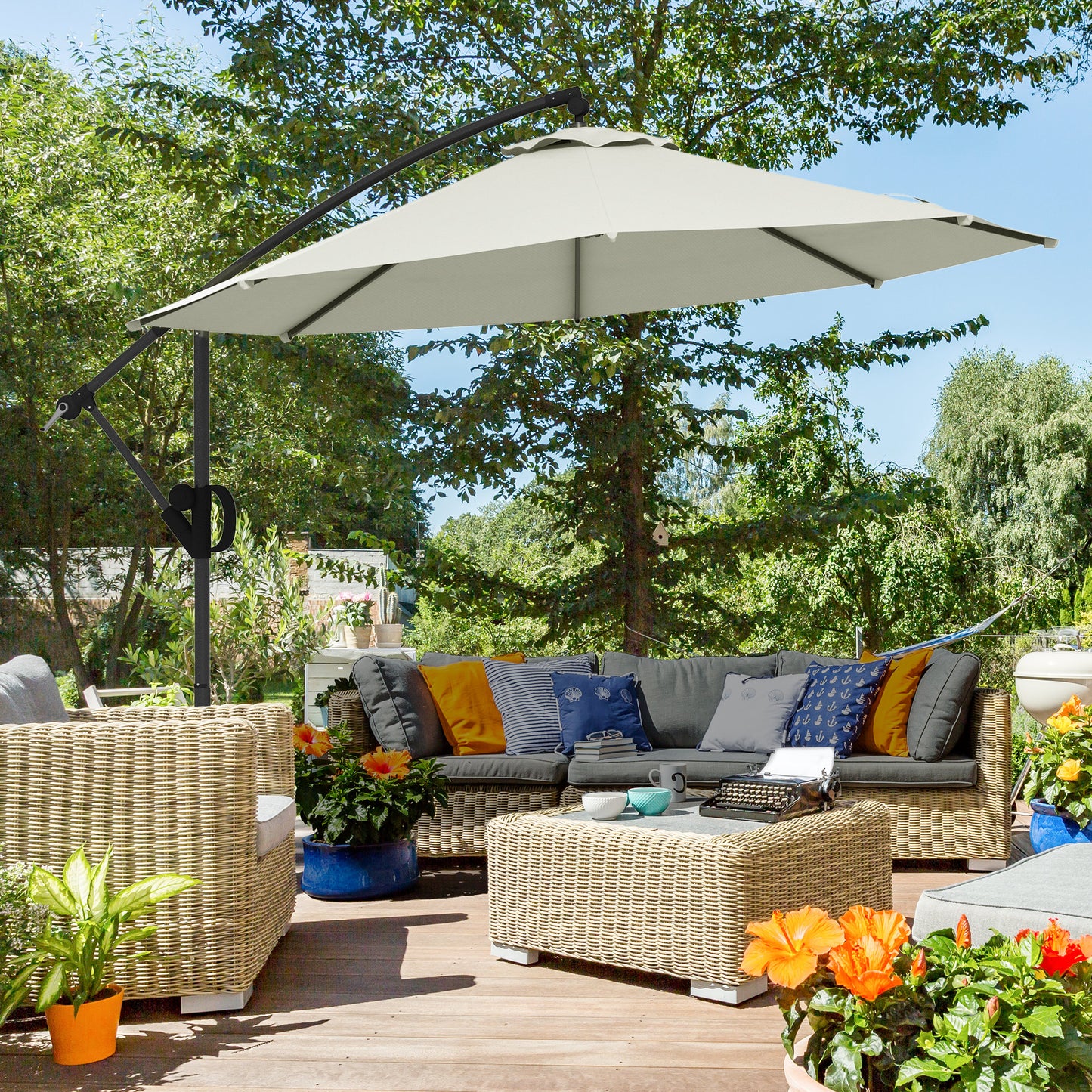 Outsunny 3(m) Offset Cantilever Parasol Umbrella, with Cross Base - Cream