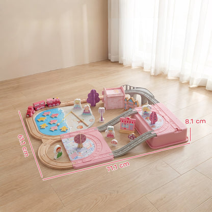 AIYAPLAY Wooden Train Set, 58PCS Train Track Set with 17 Track Pieces, 5 Princess Figures and Accessories