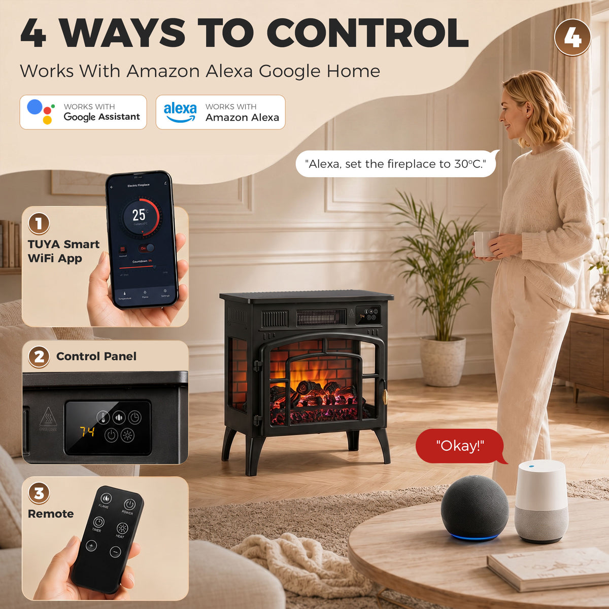 HOMCOM Smart Electric Fireplace Stove Log Burner in Black