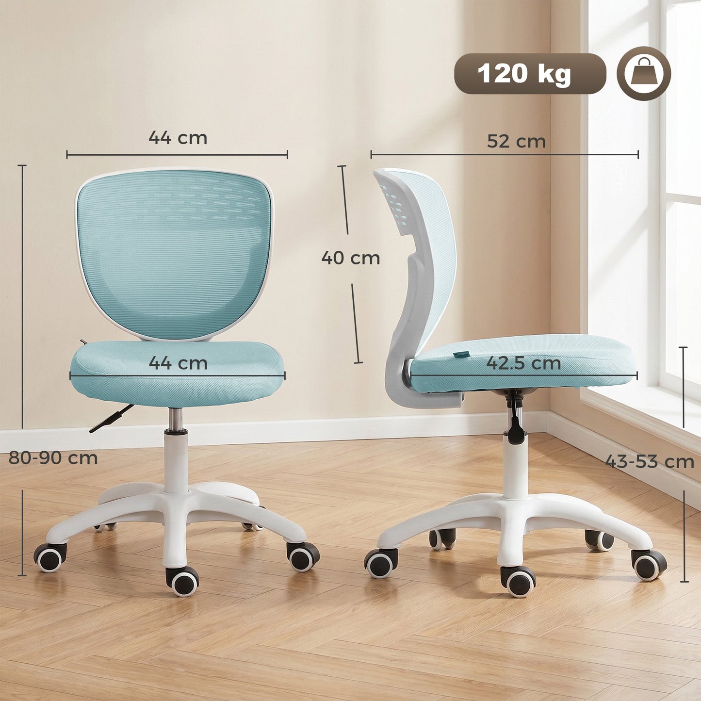 HOMCOM Office Chair, Armless Computer Desk Chair with Breathable Mesh, Adjustable Height, Swivel Wheels, Light Blue