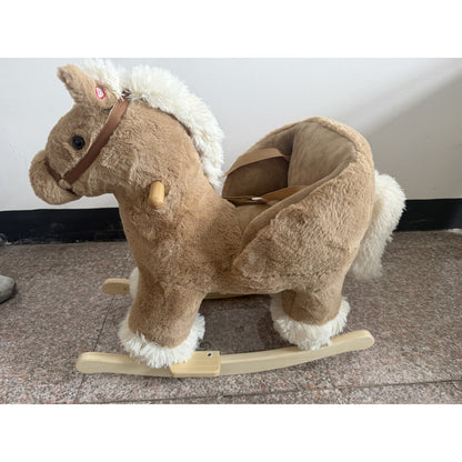AIYAPLAY Kids Rocking Horse, Children Plush Ride On Animal Rocker w/Sound, Seat Belt, Wood Base Seat for Toddlers 18-36 M, Brown