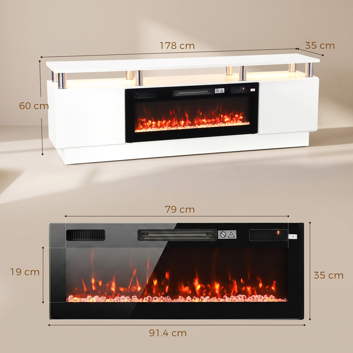 HOMCOM Electric Fireplace TV Stand for 80" TVs, 1800W LED Light Entertainment Center with Adjustable Flame, Remote, White