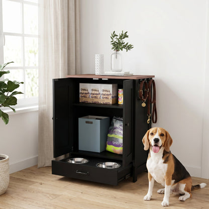 PawHut Pet Feeding Station with Raised Dog Bowls, Adjustable Panel, Hooks, Black