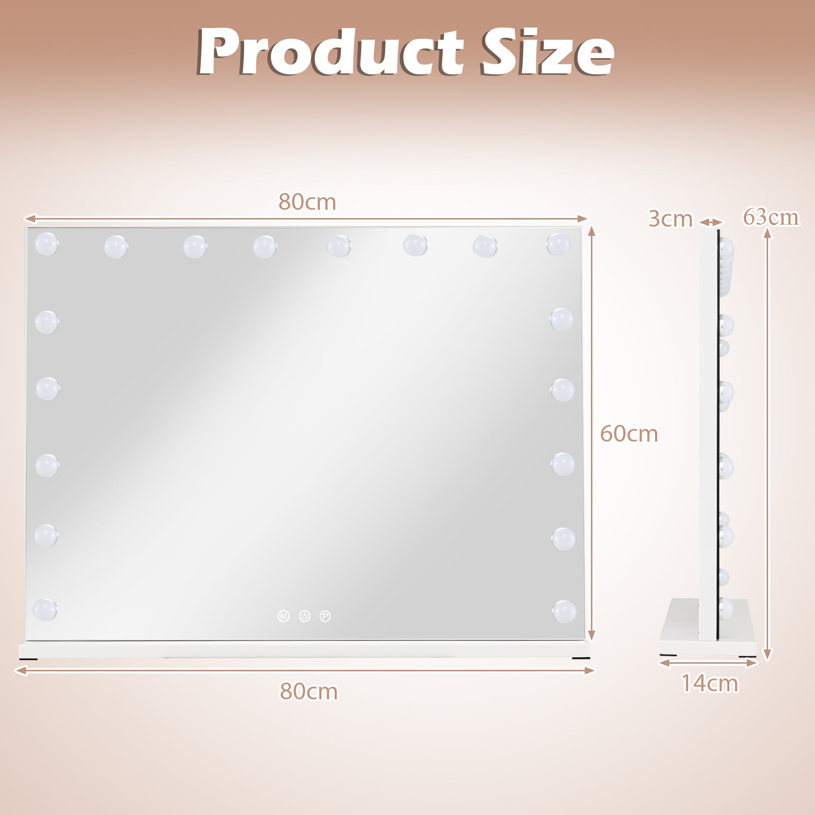 Hollywood Vanity Mirror with 3 Light Colors and Adjustable Brightness-White-L