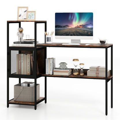 Home Office Desk with Bookshelf Storage Cabinet and Shelves for Study-Rustic Brown