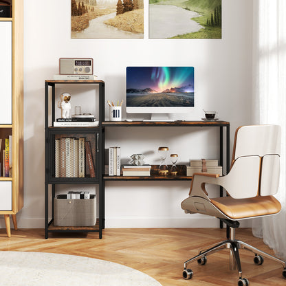 Home Office Desk with Bookshelf Storage Cabinet and Shelves for Study-Rustic Brown