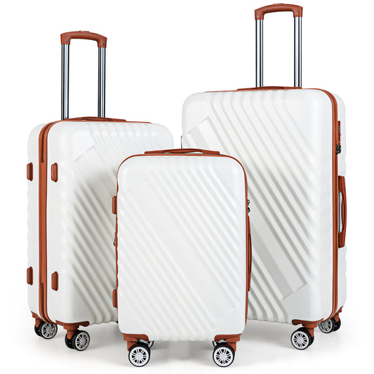 Large/Medium/Small Carry on Suitcase Sets in white with brown trim and wheels standing together
