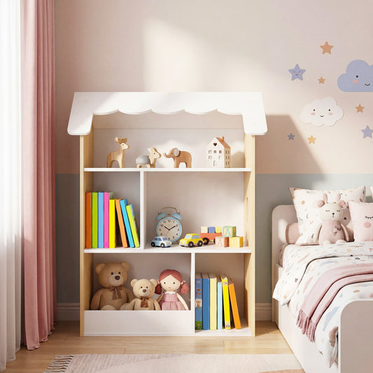 The kids storage unit with a white roof and open shelves displaying various toys and books