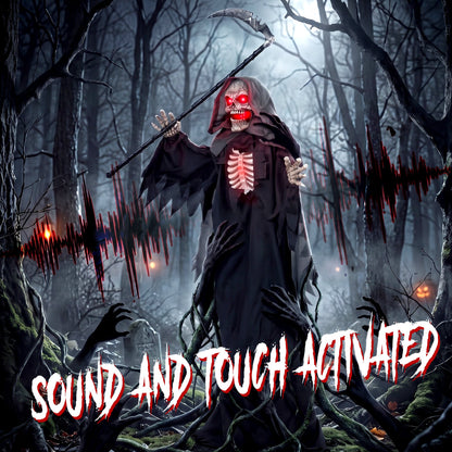 HOMCOM 170cm Life Size Animated Grim Reaper Halloween Decoration, Scary Halloween Animatronics Decor with Sound Touch Activated