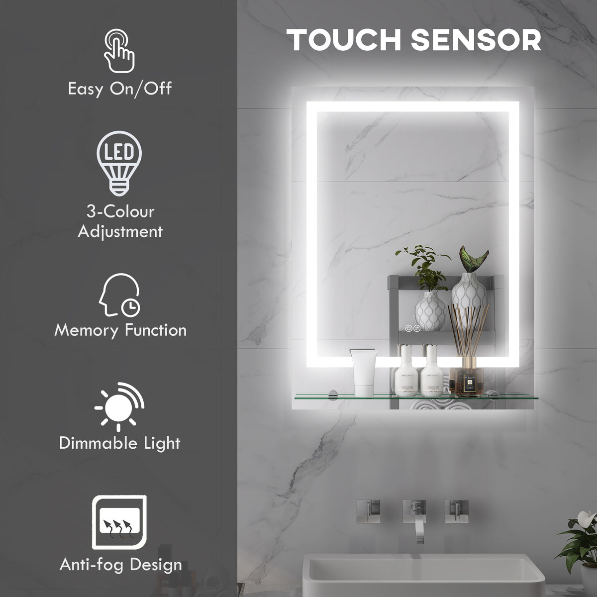 kleankin LED Bathroom Mirror with Lights and Shelf in Clear