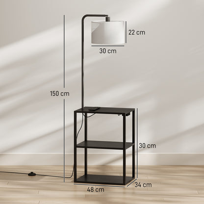 HOMCOM Dimmable Floor Lamp with Shelves, Charging Station, 3-Tier Storage Table, Adjustable Fabric Lampshade, Black