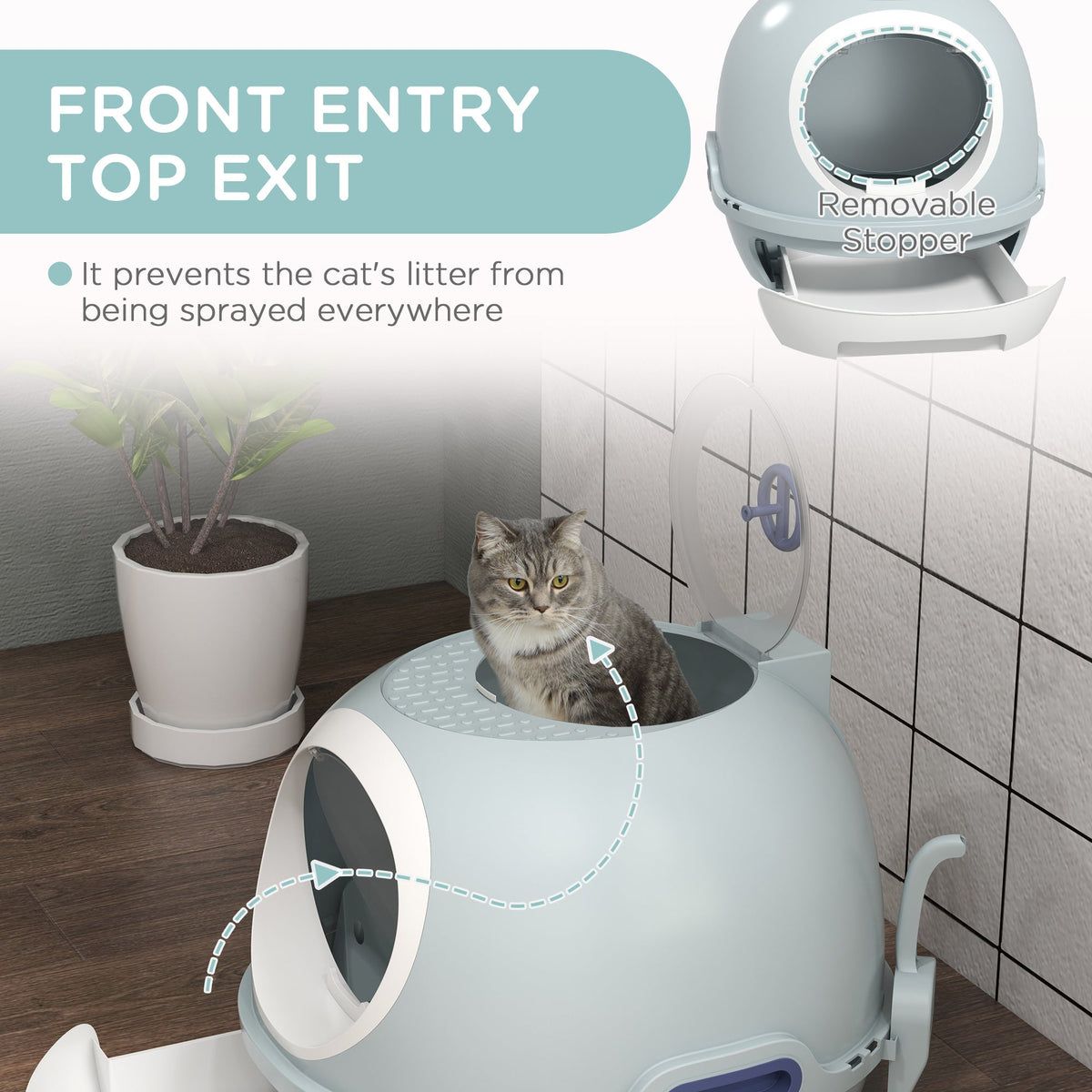 صندوق فضلات القطط من باو هات مع مجرفة فضلات ودرج مغلق، مدخل أمامي ومخرج علوي، سهل التنظيف، أزرق