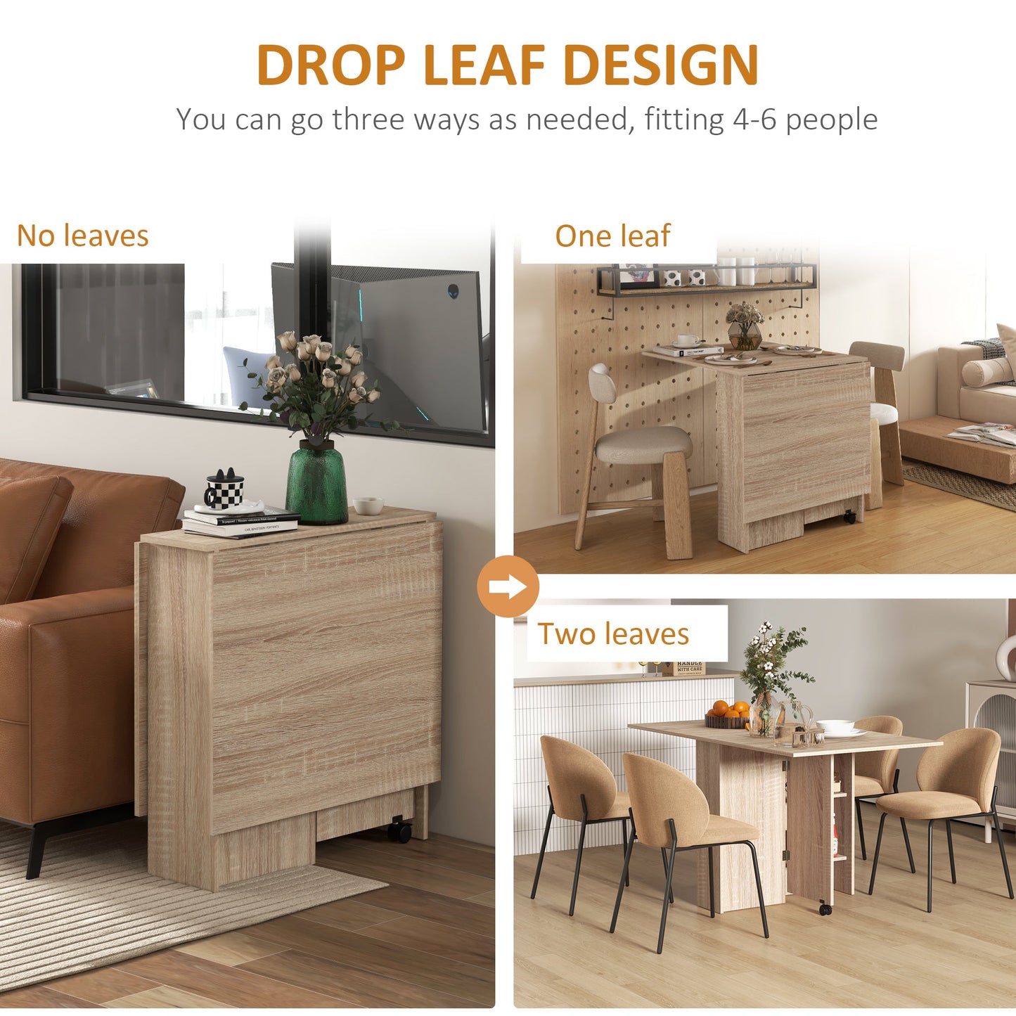 HOMCOM Dining Table Set, Folding Kitchen Table with Storage Shelves, 2 Velvet Upholstered Chairs, Natural Wood Finish and Light Brown