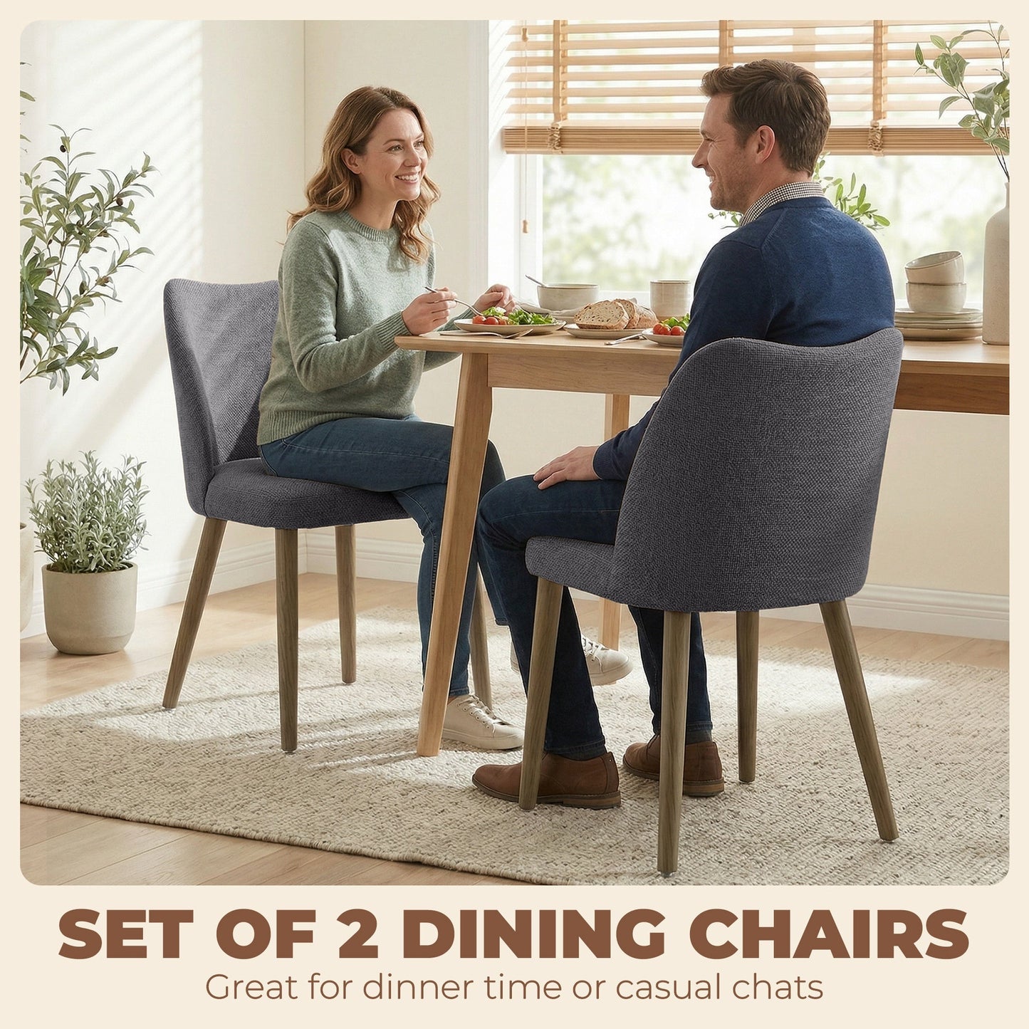 HOMCOM Dining Chairs Set of 2, Linen Upholstered Kitchen Chairs with Padded Seat, Curved Backrest, Rubberwood Legs, Dark Grey
