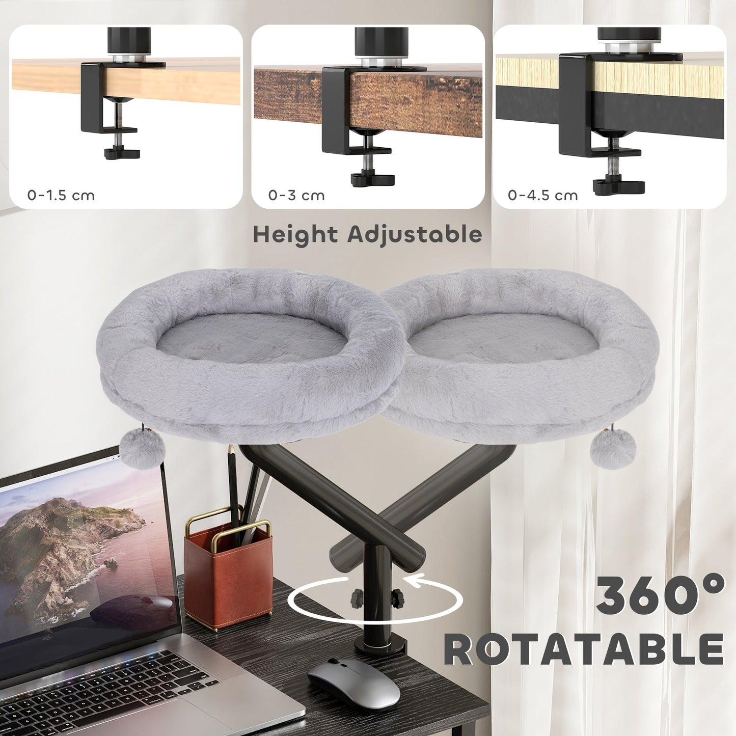 PawHut Cat Desk Bed, Cat Hammock 360 degrees Rotatable Adjustable for Window, Table, Work, Grey