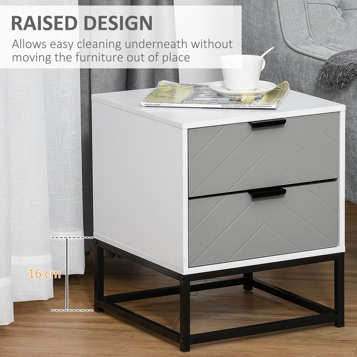 HOMCOM Bedside Cabinet with 2 Drawer Storage Unit in White and Grey and Black