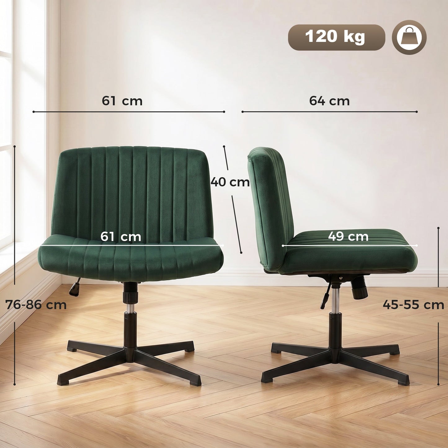HOMCOM Flannel Criss Cross Legged Desk Chair, Armless Office Chair No Wheels, Green