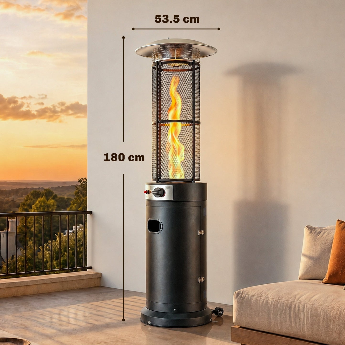 Outsunny 11 KW Freestanding Gas Patio Heater, Adjustable Outdoor Garden Propane Heater with Tip-Over Switch, Wheels, Pulse Ignition, Tank Room with Openable Door, Black