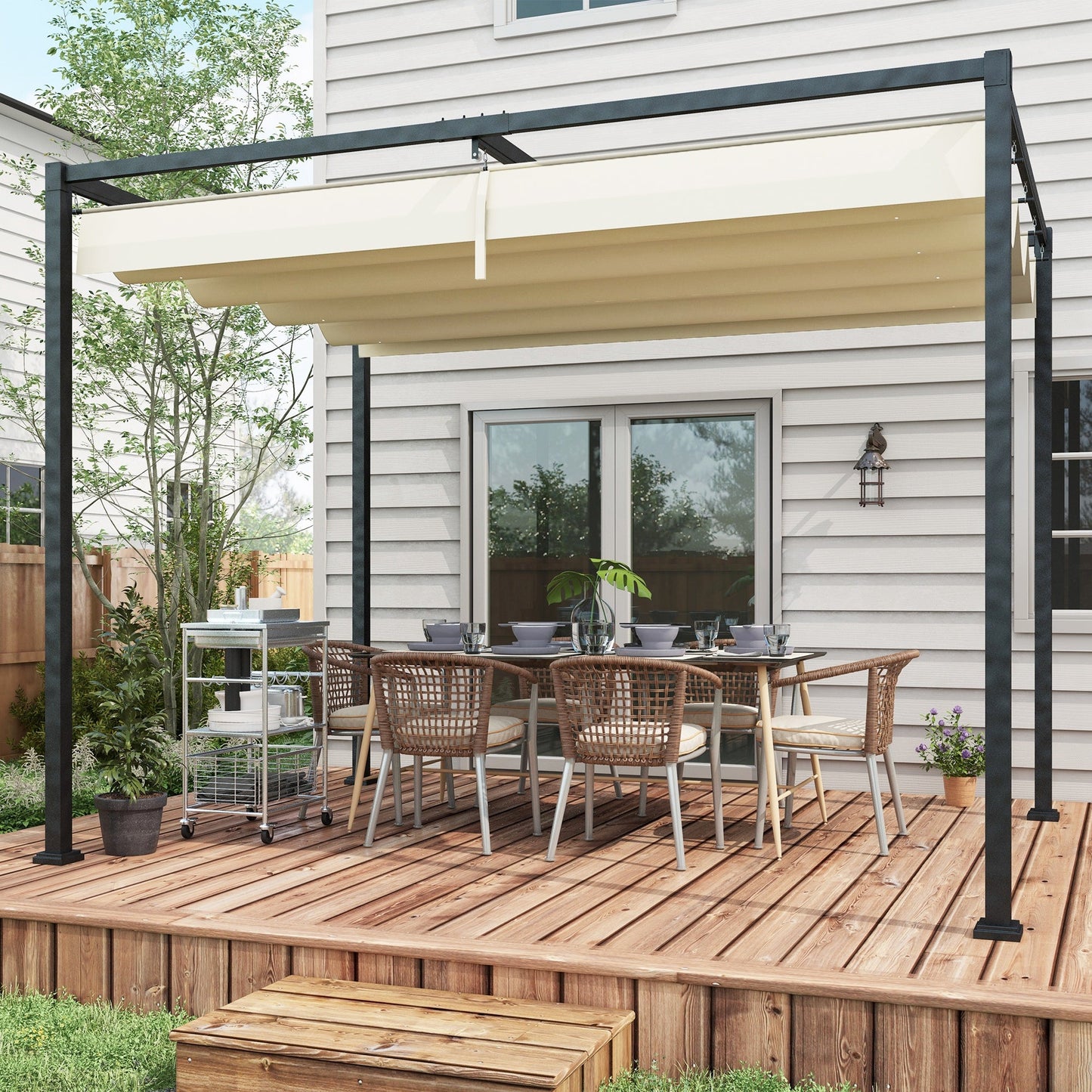 أوتسني 3 × 2 متر برجولا معدنية بسقف قابل للسحب، مظلة حديقة للحديقة والفناء، لون أبيض كريمي