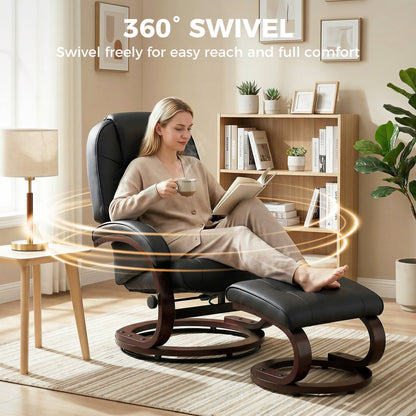 HOMCOM Swivel Recliner Chair with Footstool, PU Leather Recliner Armchair with Adjustable Back and Wood Frame, Black