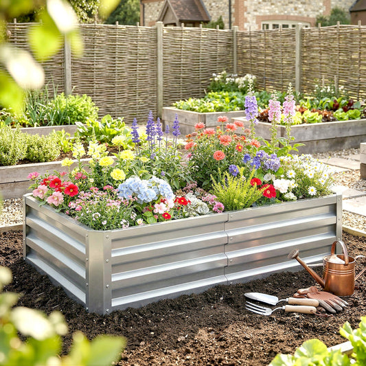 The galvanised raised garden bed filled with colourful flowers and plants in a sunny garden setting