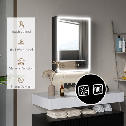 HOMCOM Bathroom Mirror Cabinet with LED Lights and Shaver Socket, 500 x 700 mm Wall Mounted Bathroom Cabinet with Mirror, Demister Pad, Dimmer, 3 Colours, Medicine Cabinet, Black