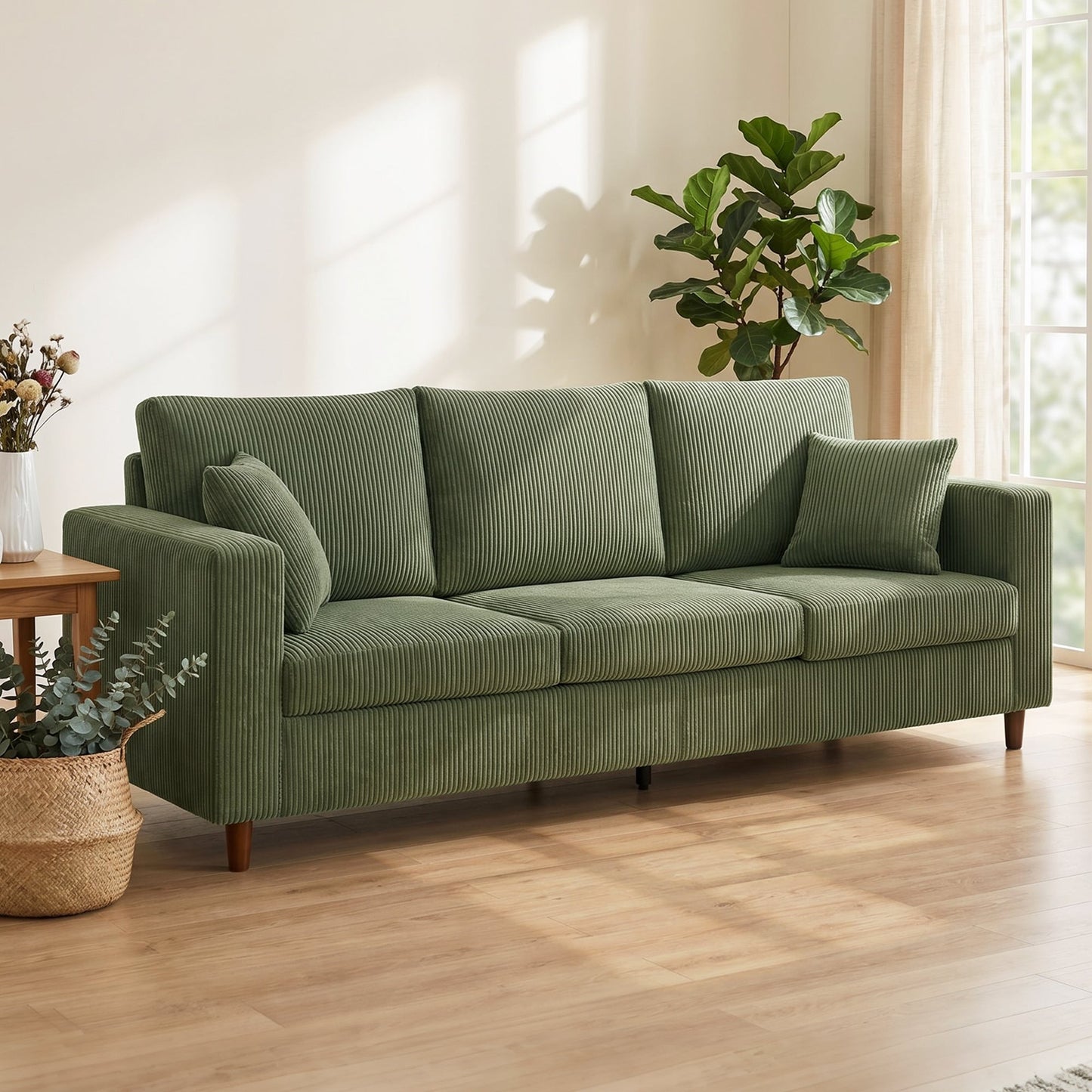 HOMCOM 3 Seater Sofa with Wide Seat, Corduroy Fabric Couch with Deep Seat, Spring Cushion, Green