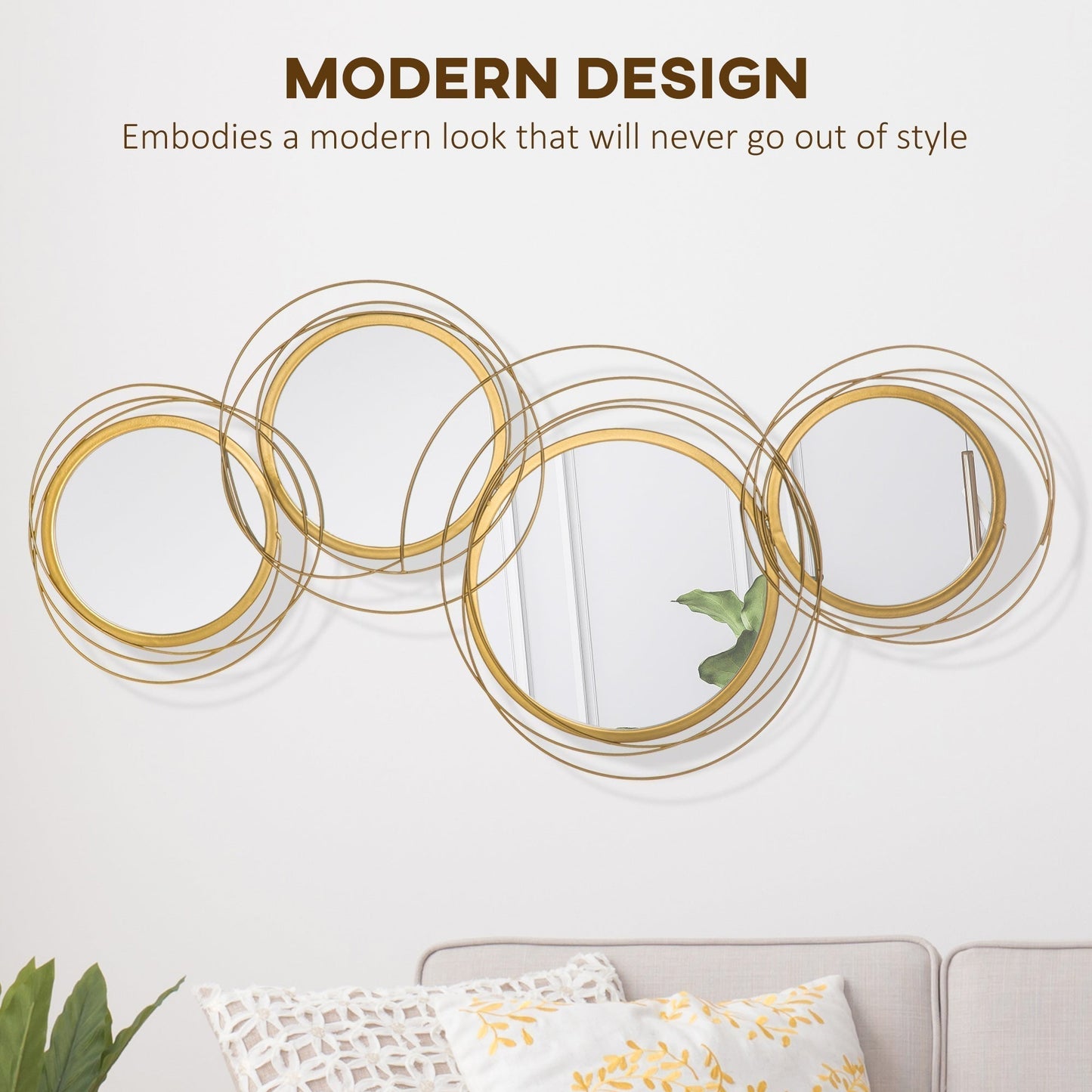 HOMCOM Metal Wall Mirrors, 107cm Modern Decorative Gold Mirror Decor Hanging, Home Wall Sculptures for Living Room Bedroom Dining Room