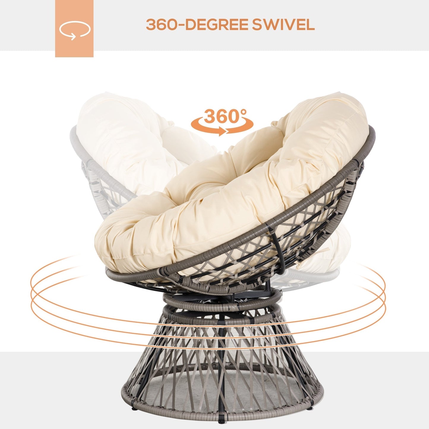 Outsunny 360 degrees Swivel Rattan Moon Bowl Chair Round Lounge Garden Wicker Basket Seat with Padded Cushion Oversized for Outdoor Indoor, Beige